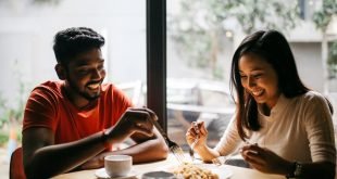 Man and women sharing food on a dinner date