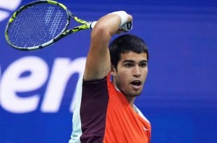 Carlos Alcaraz during a men's singles championship match at the 2022 US Open, Sunday, Sep. 11, 2022 in Flushing, NY. (Darren Carroll/USTA via AP)