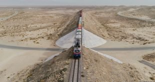 Khorgos, Kazakhstan - October 2017. A freight train arriving from China just left the Khorgos dry port to cross all Kazakhstan to reach Europe. Kazakhstan is a crucial country for the Chinese Belt and Road Initiative, and the Khorgos dry port is quickly becoming the China west gate for land import and export.