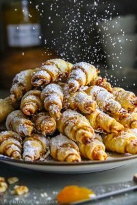 Plate of Apricot Rugelach being sprinkled with powdered sugar.